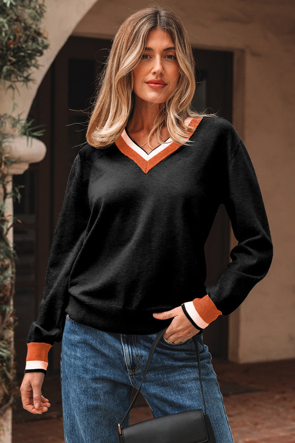 Pull femme rayé, col V — noir
