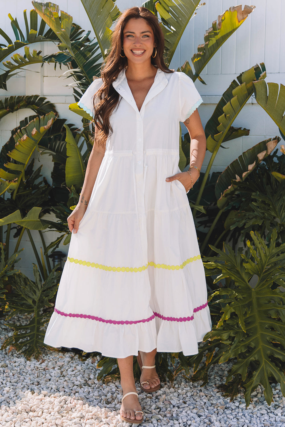 Robe femme à cordon, manches courtes, colorblock — blanc