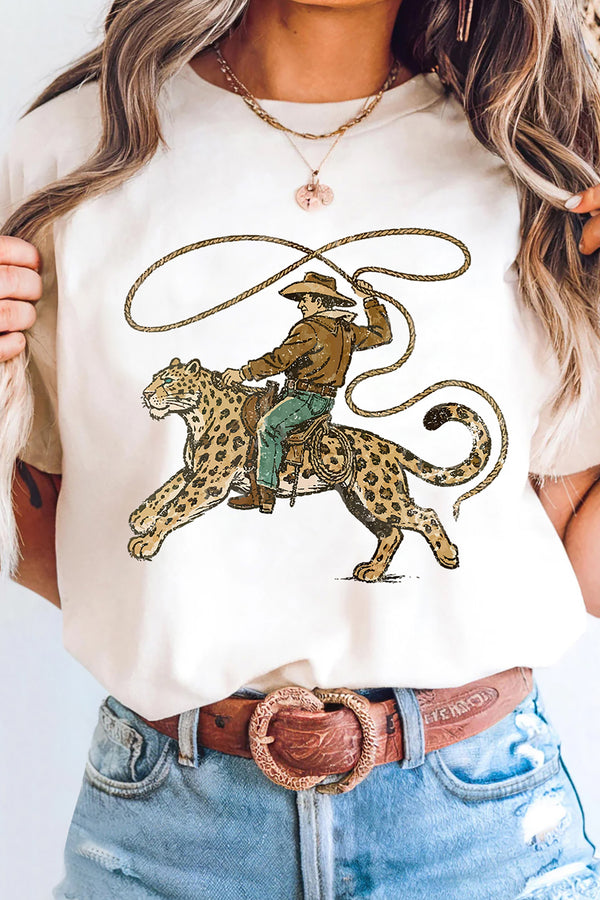 T-shirt femme léopard, graphique, casual — blanc