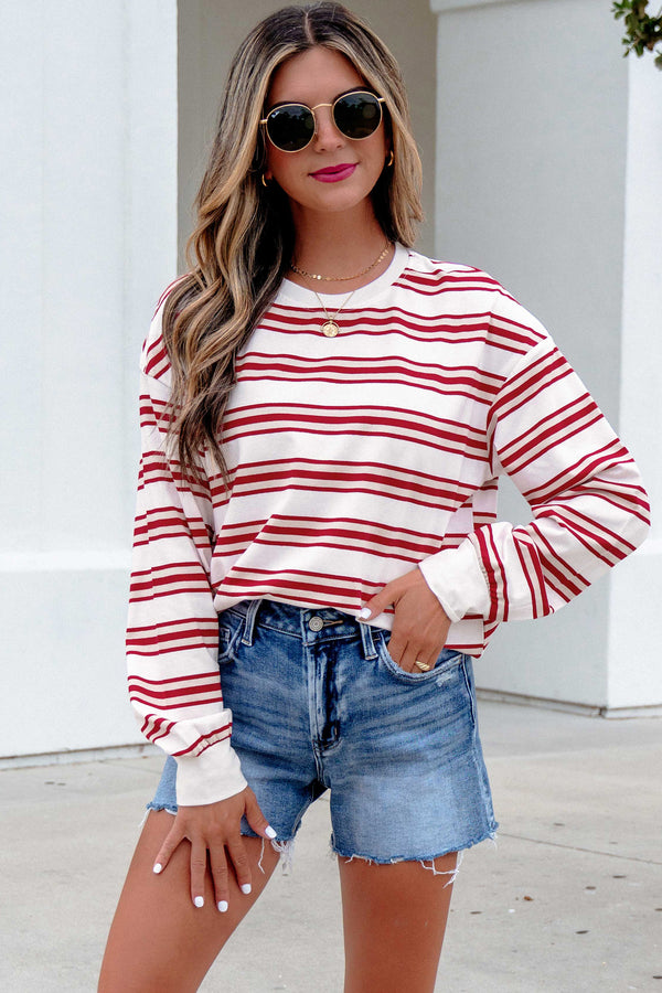 Pull femme rayé, manches longues, casual — rouge