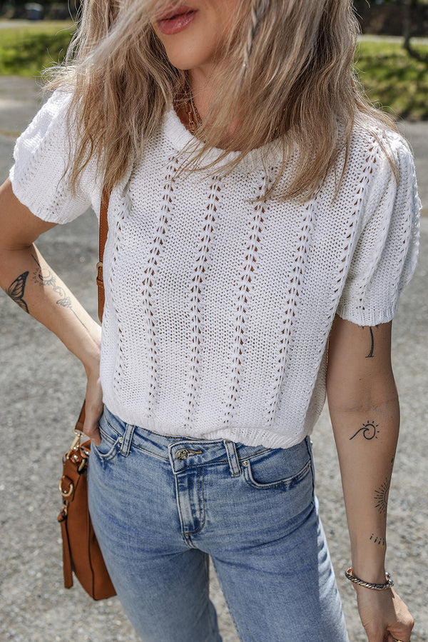 Short femme en maille, manches bouffantes, col rond — blanc