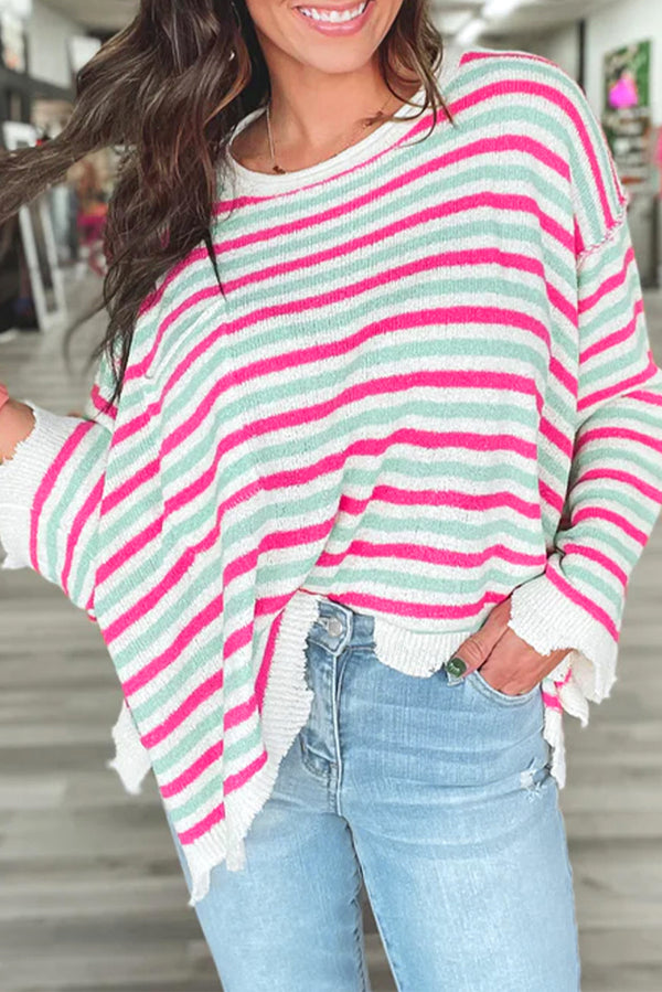 Pull femme rayé, poches, épaules tombantes, oversized
