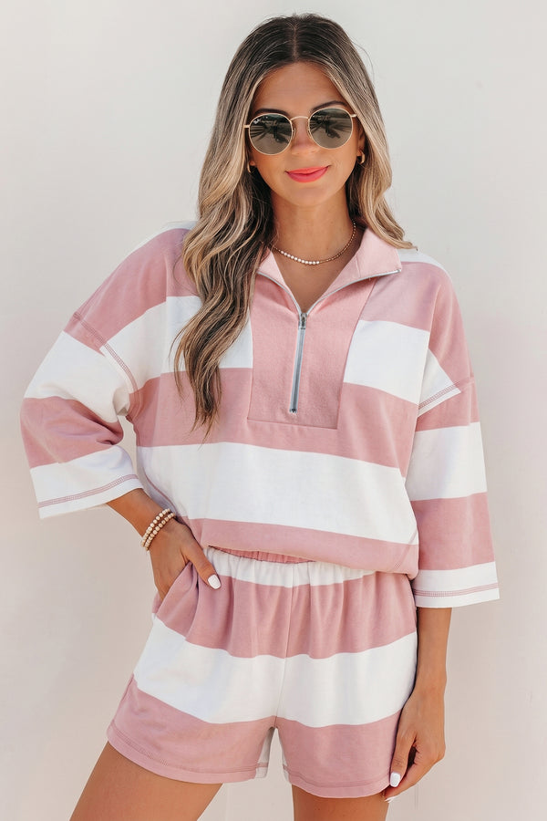 Ensemble femme rayé, zip, manches bracelet, casual — rose