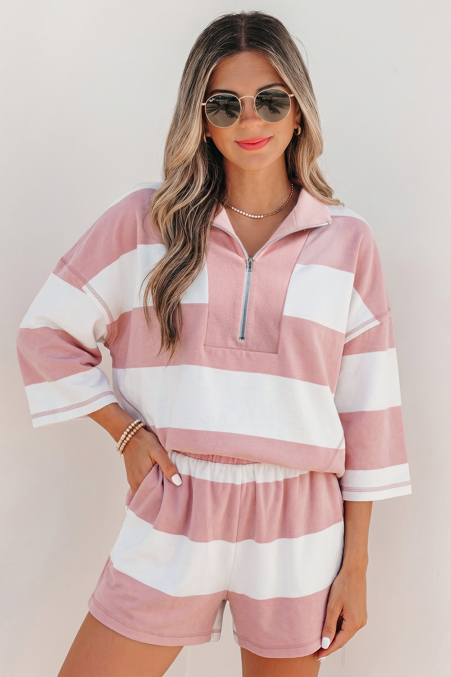 Ensemble femme rayé, zip, manches bracelet, casual — rose