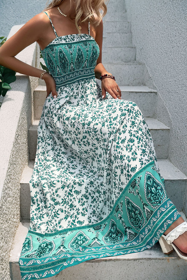Robe longue femme floral, smocké, maxi — vert