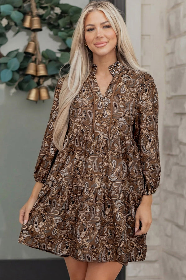 Robe femme boutonnée, demi-boutonnage, manches bouffantes — marron