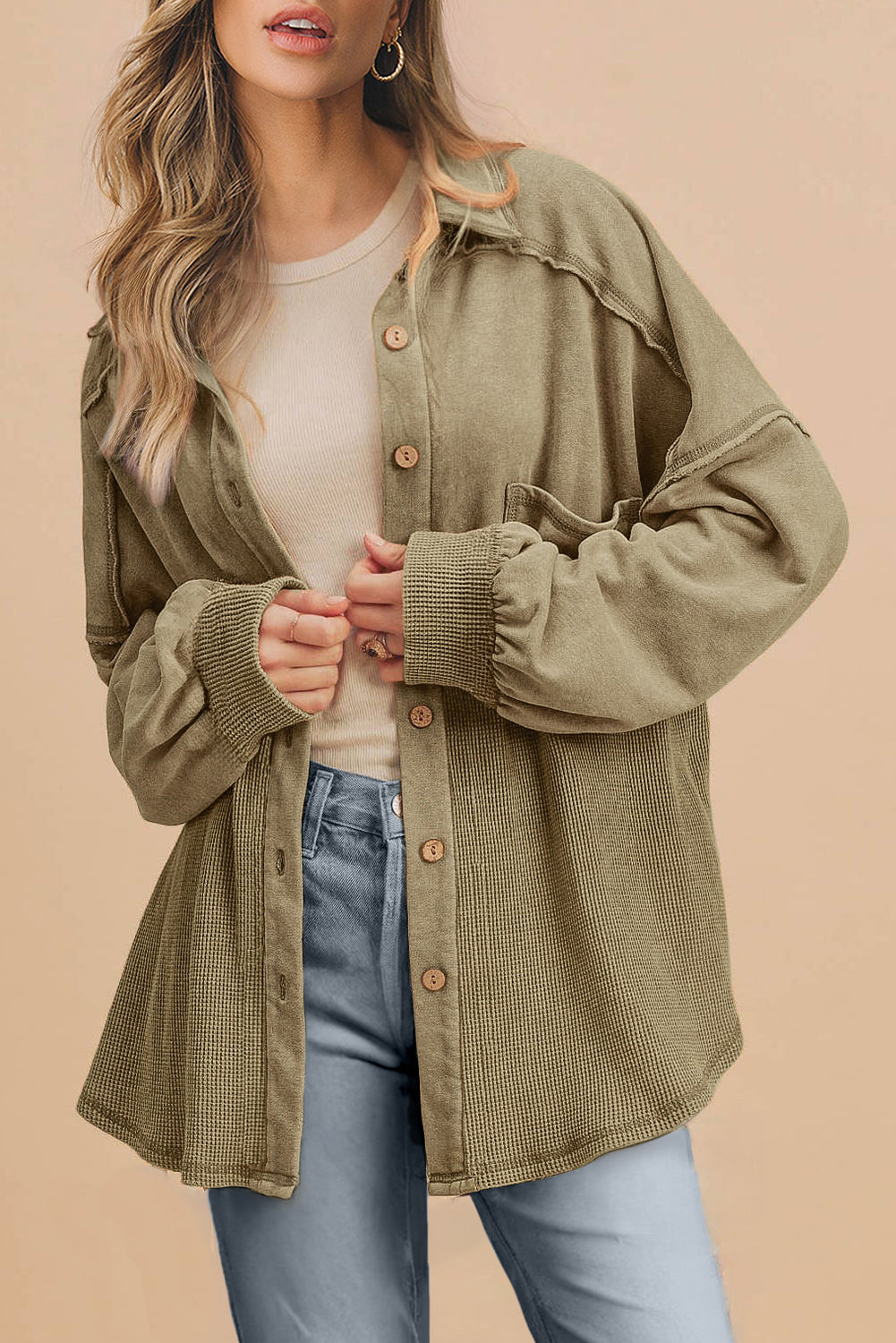 Pièce mode femme patchwork, gaufré, en maille, boutonnée, oversized — vert