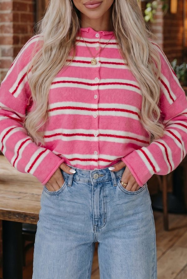 Pink Stripe Striped Drop Shoulder Button Cardigan femme