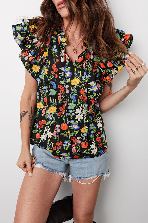 Blouse femme à étages, col V — noir