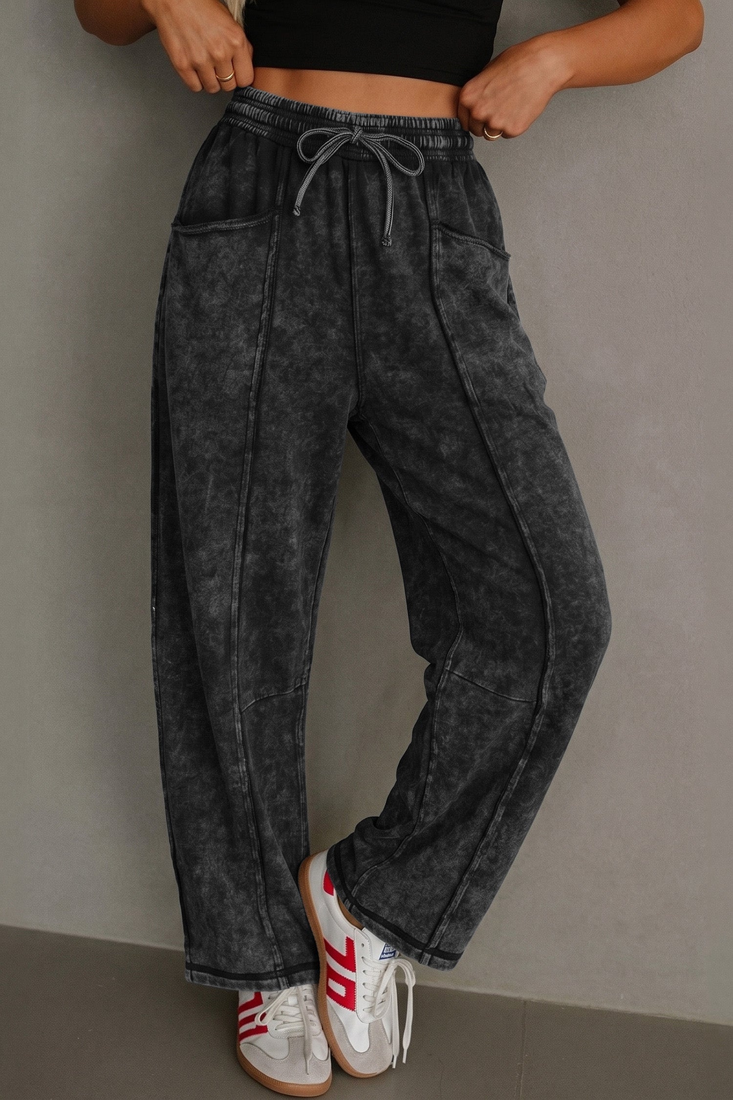 Pantalon femme à cordon, taille élastique — noir
