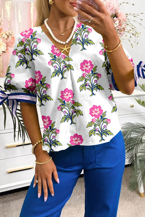 Blouse femme floral, rayé, manches ballon, col V, colorblock — blanc