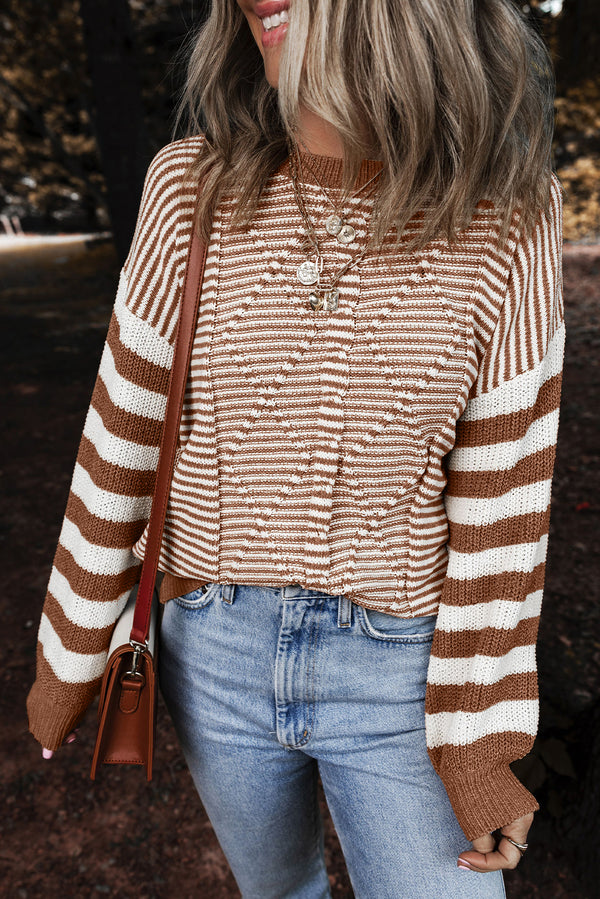 Pull femme rayé, épaules tombantes — marron