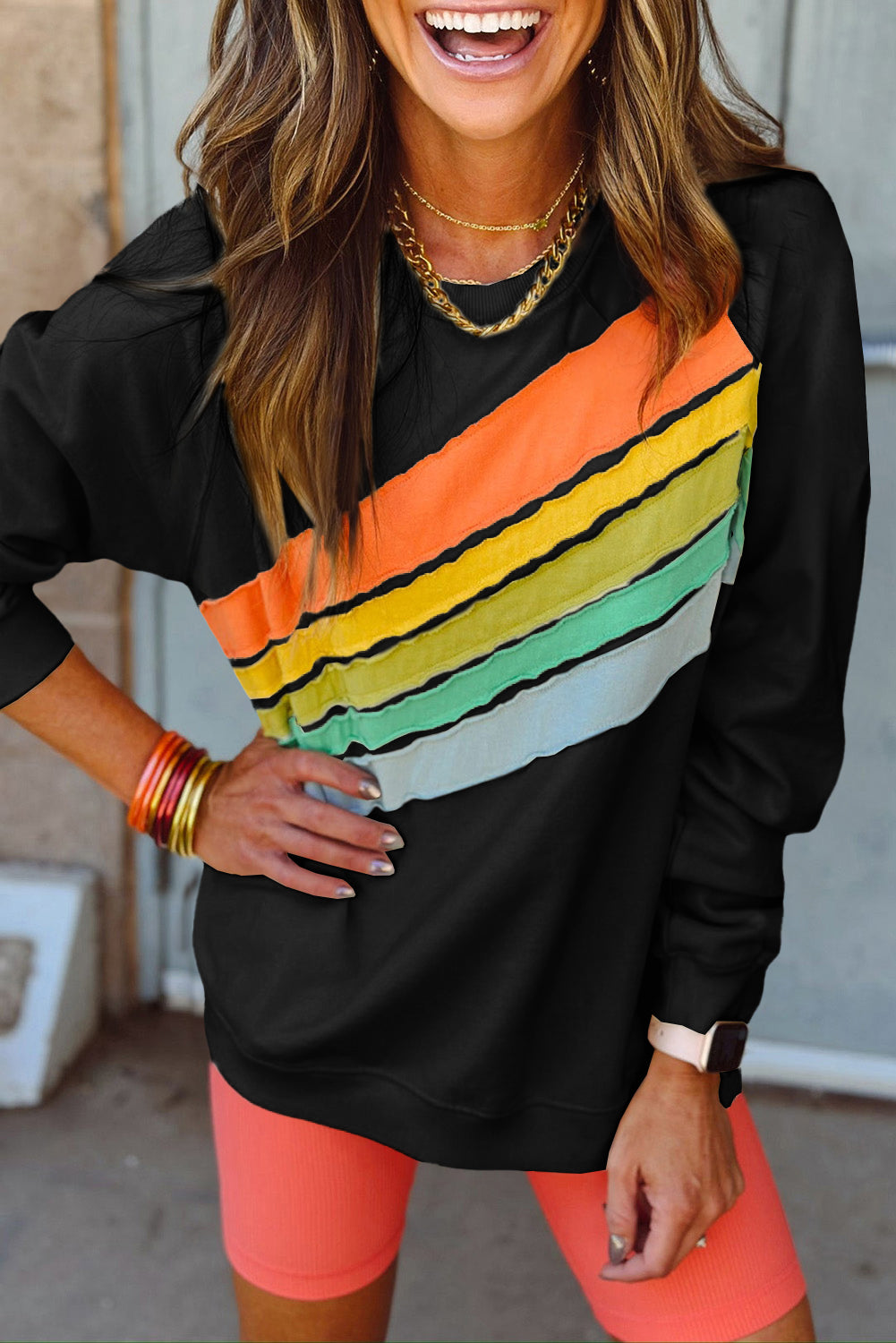 Sweat femme rayé, colorblock — noir