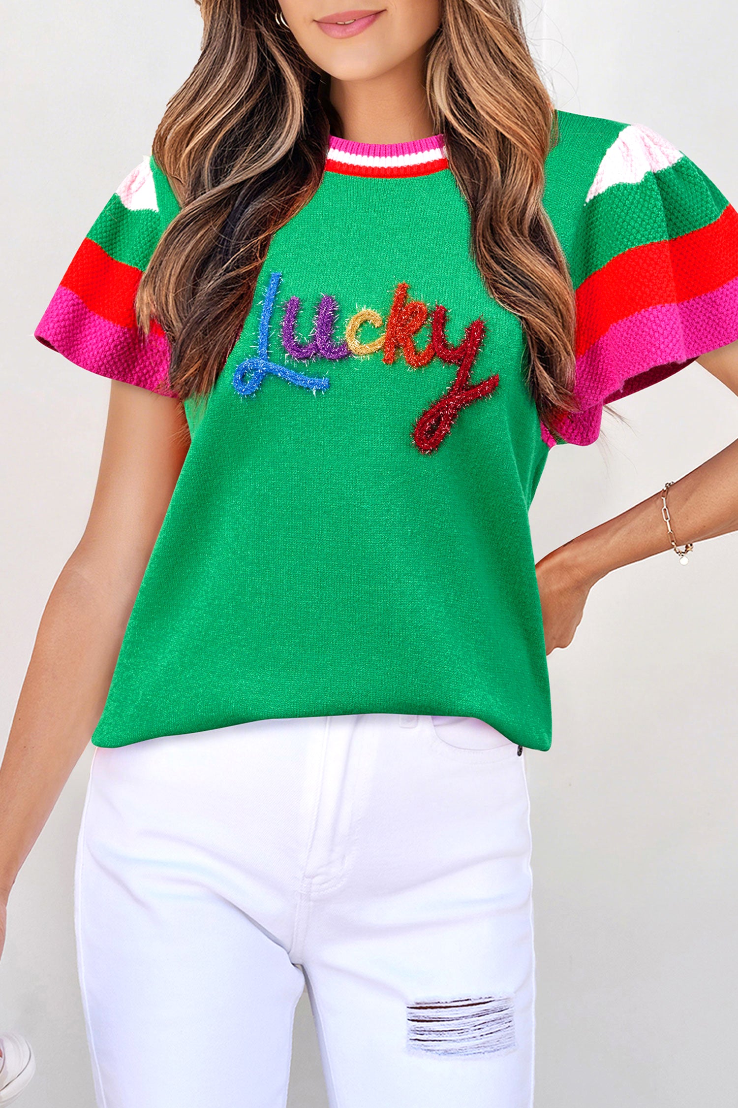 Pull femme rayé, col rond — vert