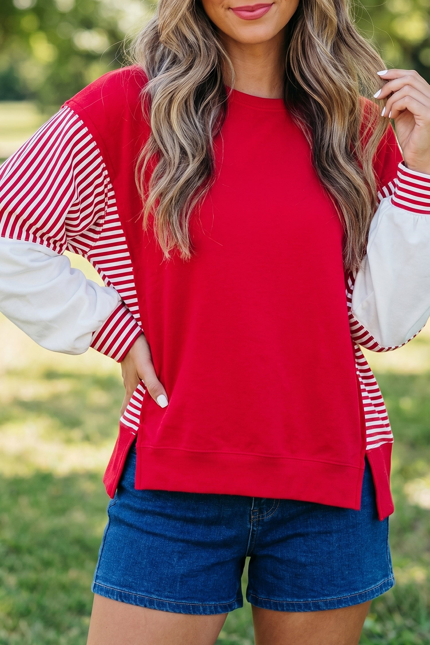 Sweat femme rayé, patchwork, colorblock — rouge feu
