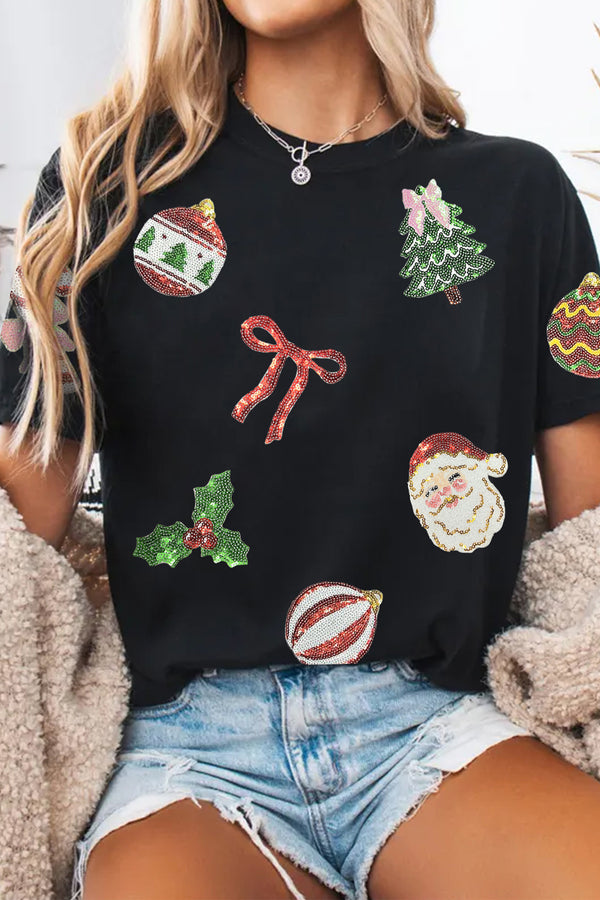 T-shirt femme graphique, paillettes, Noël — noir