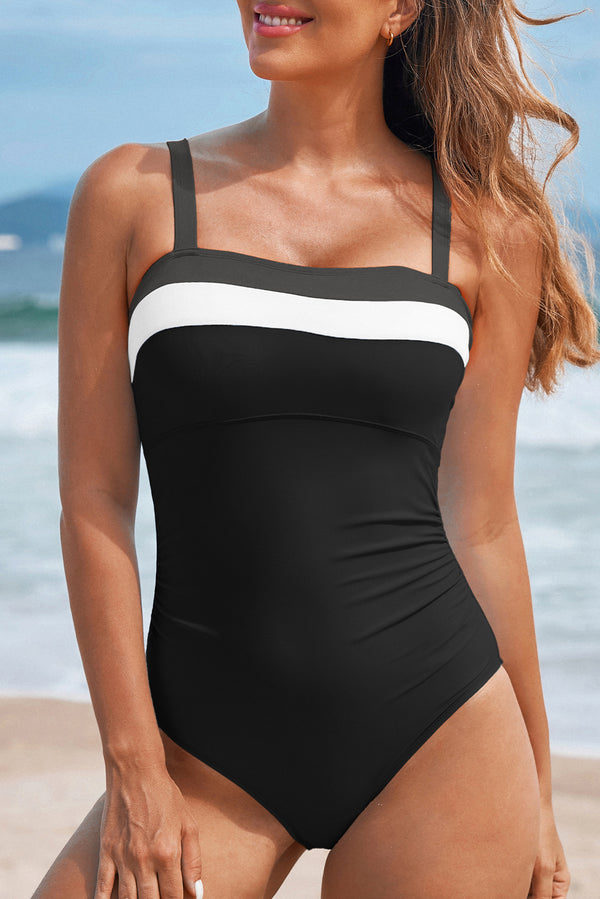 Maillot femme bretelles, colorblock — noir