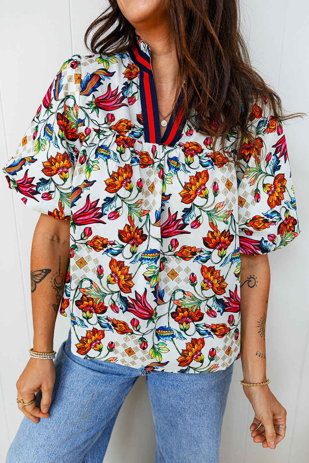 Blouse femme floral, manches courtes, col V — multicolore