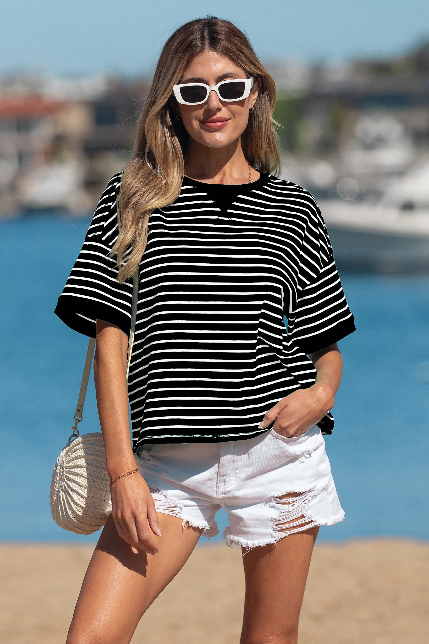 T-shirt femme rayé, patchwork, manches 3/4, côtelé — noir