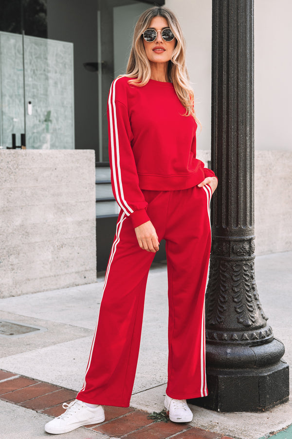 Ensemble femme rayé, col rond — rouge feu
