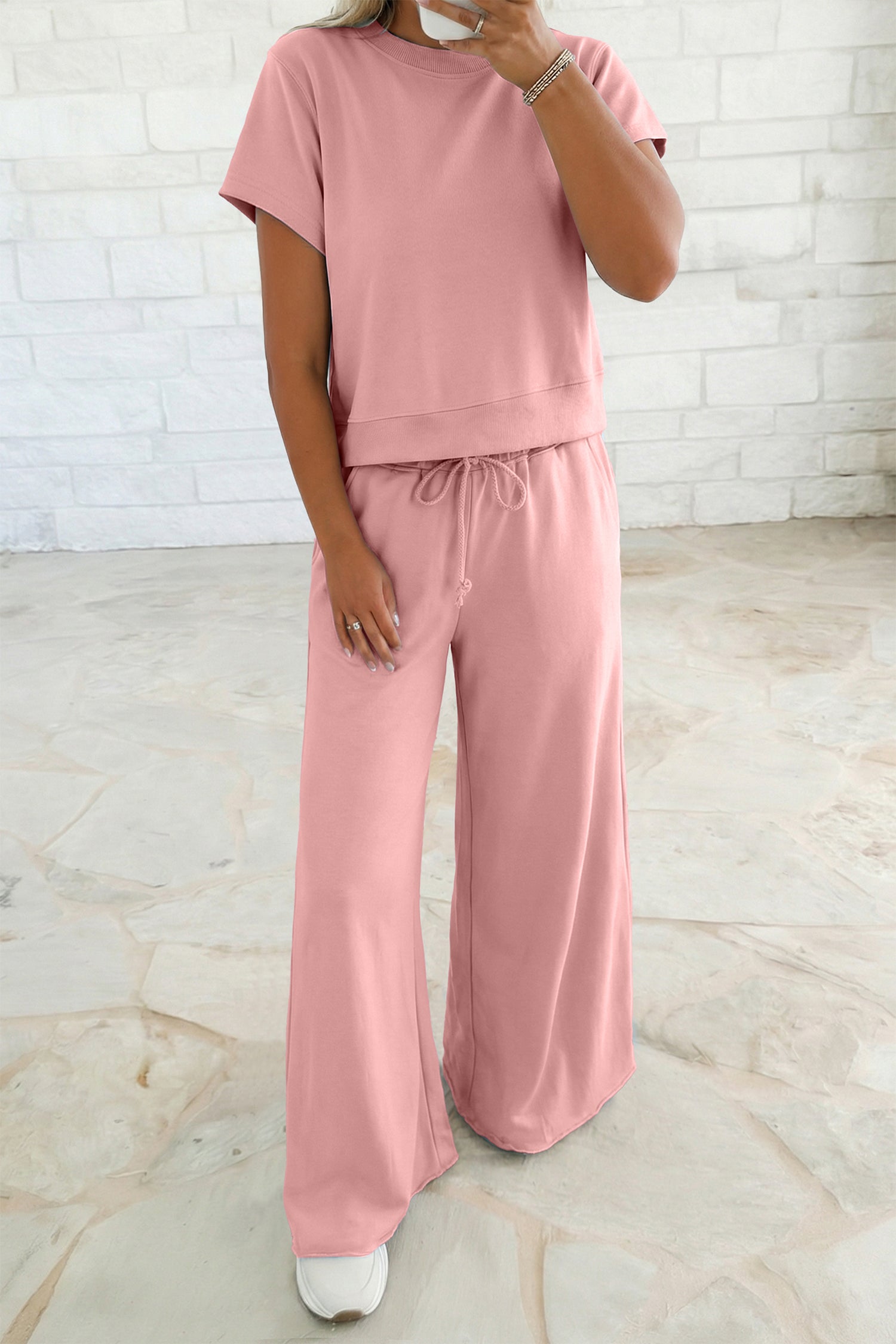 Ensemble femme à cordon, jambe large, ample, uni — rose clair