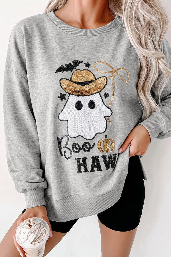Sweat femme paillettes, manches longues, col rond — gris