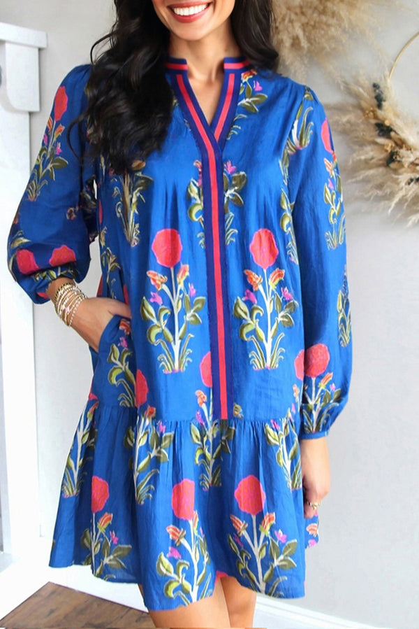 Robe femme floral, rayé, manches longues — bleu ciel