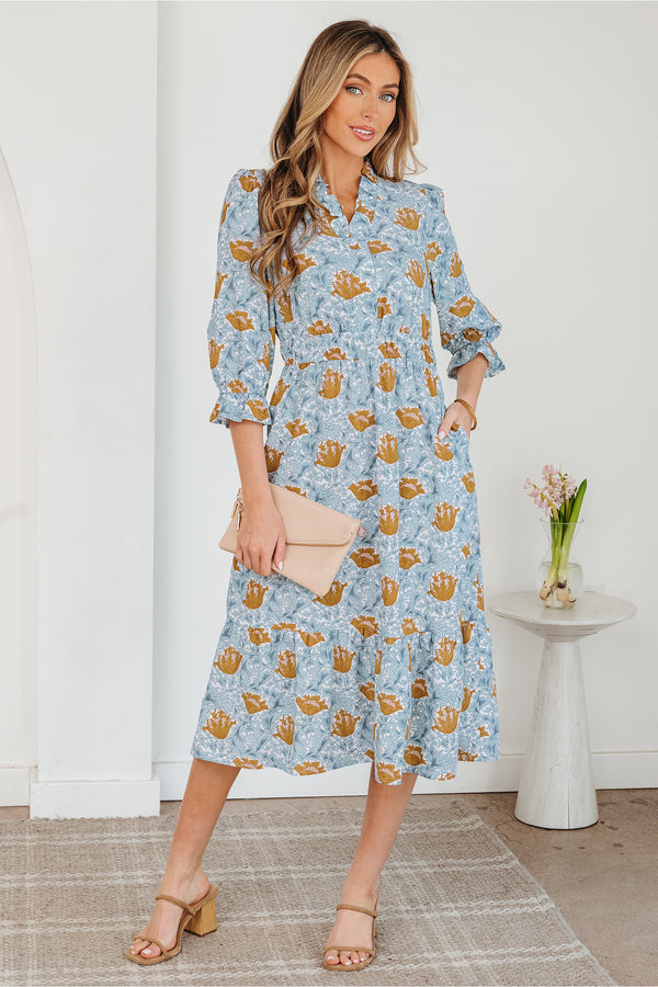 Robe femme floral, manches bracelet, col V — marron