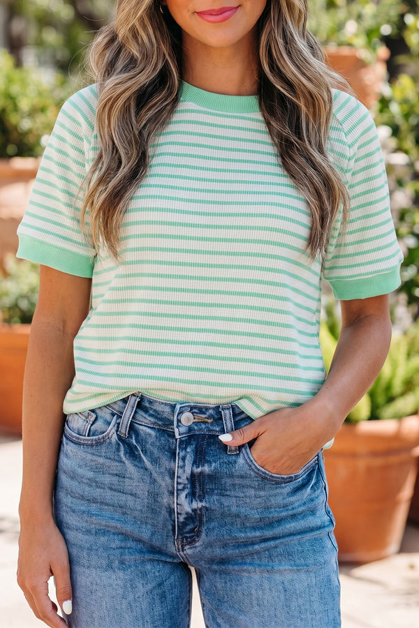 T-shirt femme rayé, manches courtes, col rond, colorblock — vert