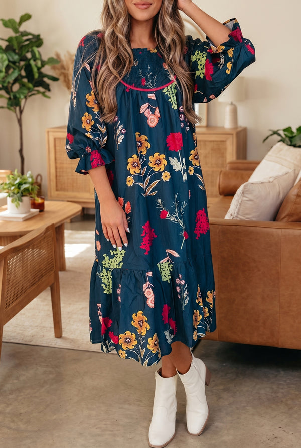 Robe midi femme floral, casual, midi — bleu
