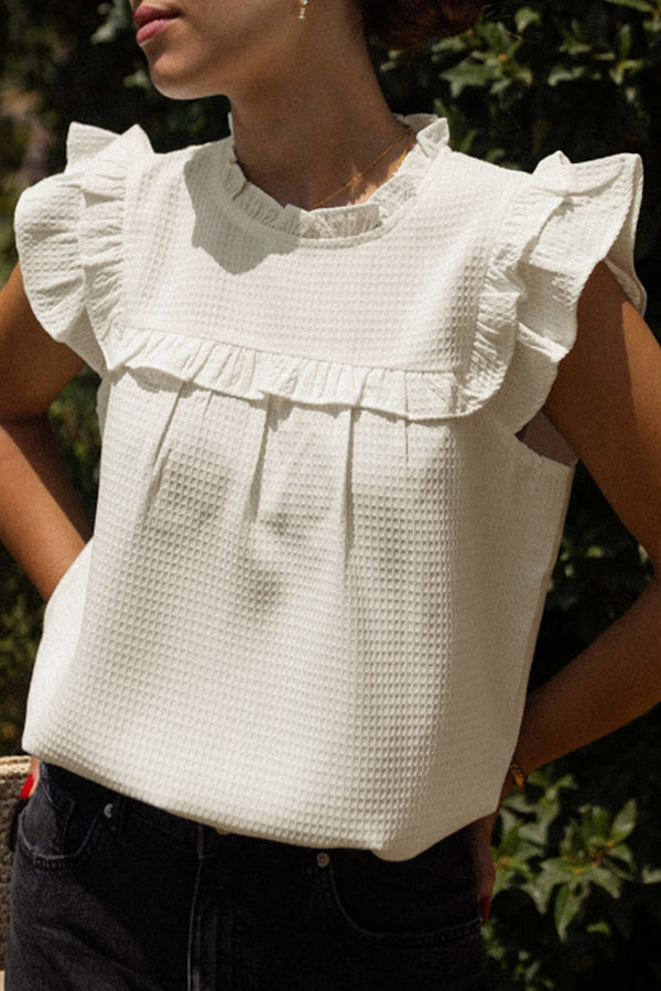 White Solid Color Ruffle Trim Waffle Knit Blouse femme