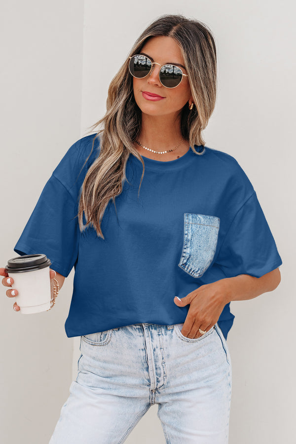 Haut femme poches, manches courtes, casual, colorblock — bleu