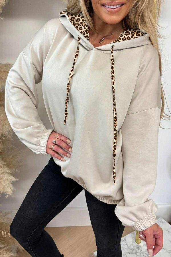 Jet Stream Elastic Cuffs Leopard Contrast Drawstring Hoodie femme