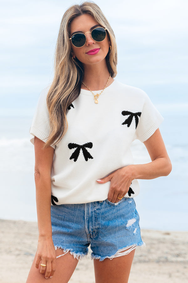 Pull femme en maille, manches courtes — blanc