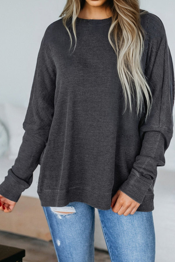 Haut femme patchwork, gaufré, en maille, manches longues, ample — gris foncé