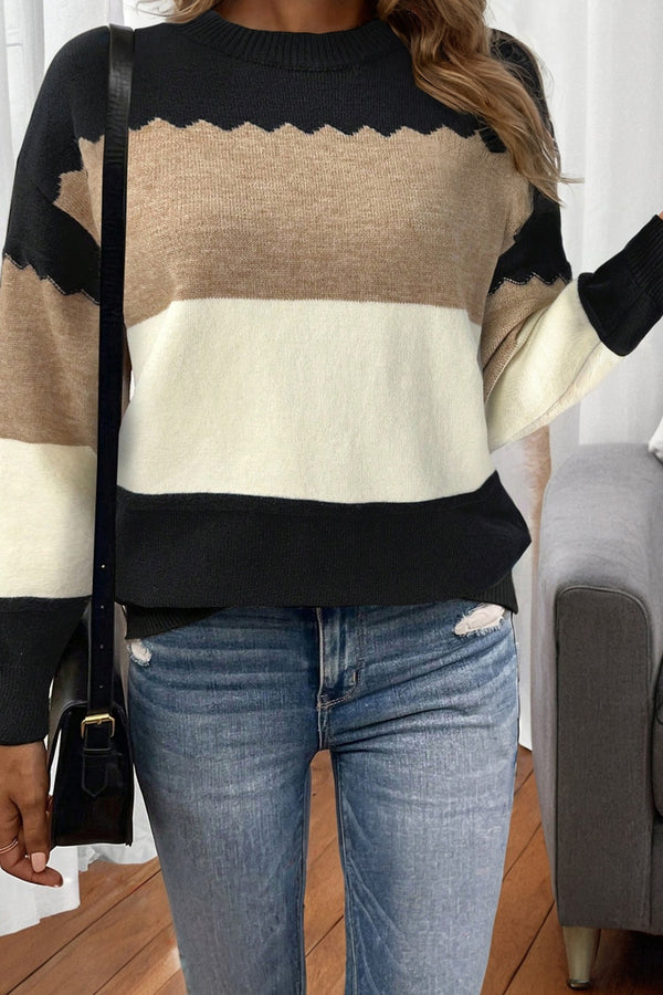 Pull femme épaules tombantes, col rond, colorblock — noir