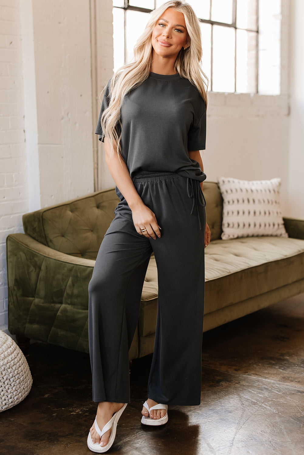 Pantalon femme à cordon, col rond, ample — gris foncé