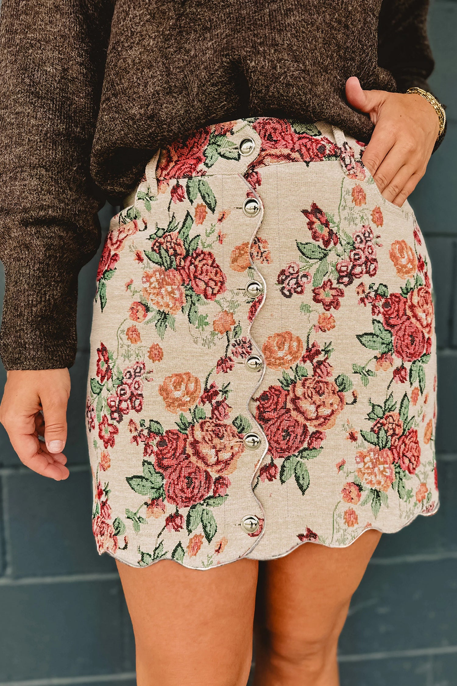 Jupe femme floral, boutonnée, festonné, mini — abricot