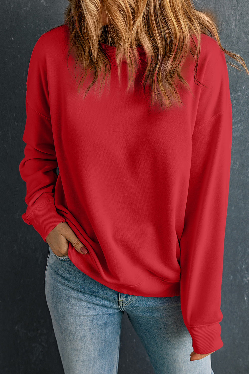 Sweat col rond, uni — rouge