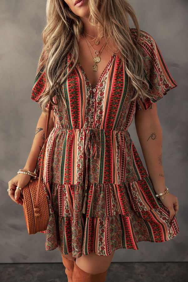 Robe femme floral, à volants, à étages, boutonnée, col V — rouge