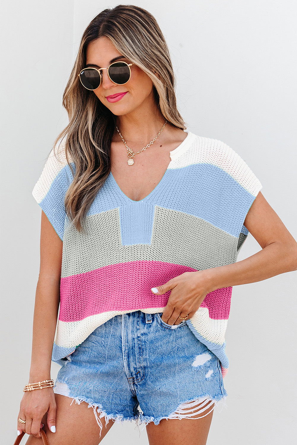 Pull femme col V, colorblock — bleu clair