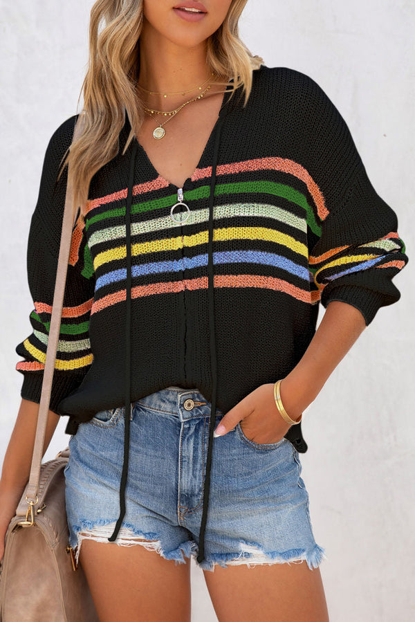 Black Striped Detail Zip Up Hooded Sweater Cardigan femme