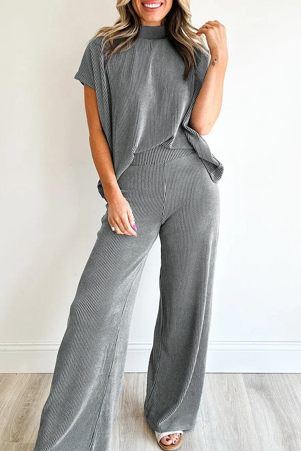 Pantalon femme col montant, taille haute, ample, côtelé — gris foncé-P2011