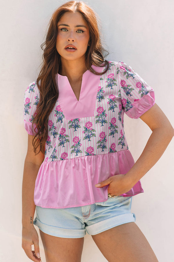 Blouse femme floral, rayé, patchwork, à volants