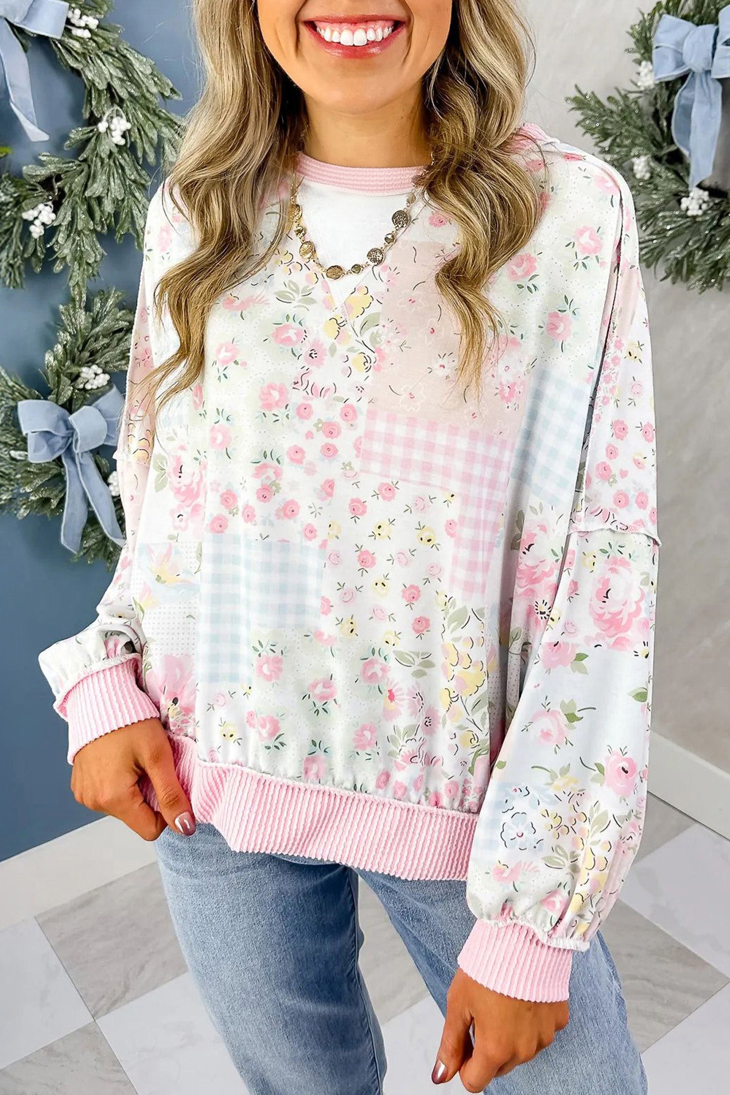 Haut femme floral, patchwork, manches longues, côtelé — rose