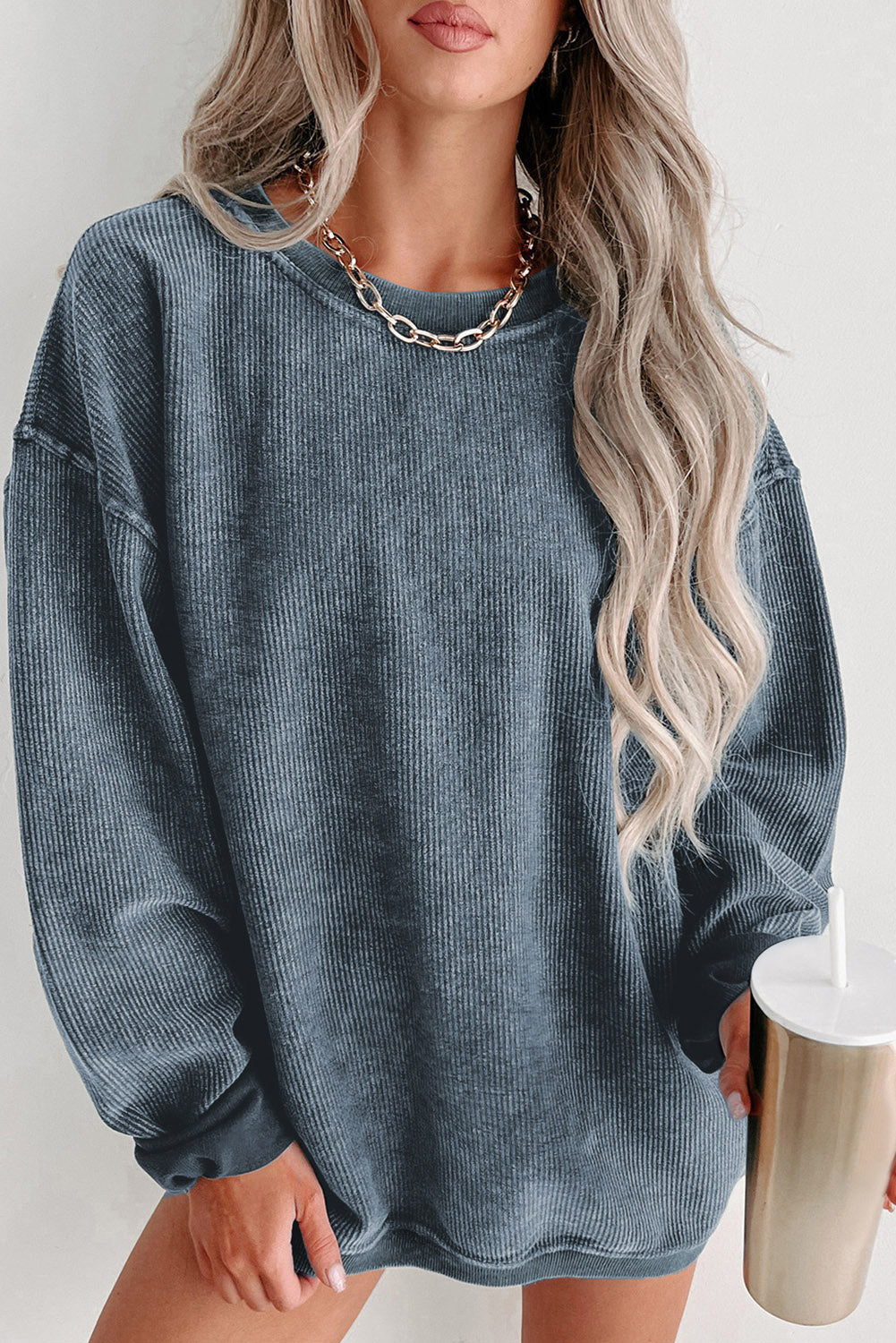 Sweat femme en maille, col rond, uni, côtelé — bleu