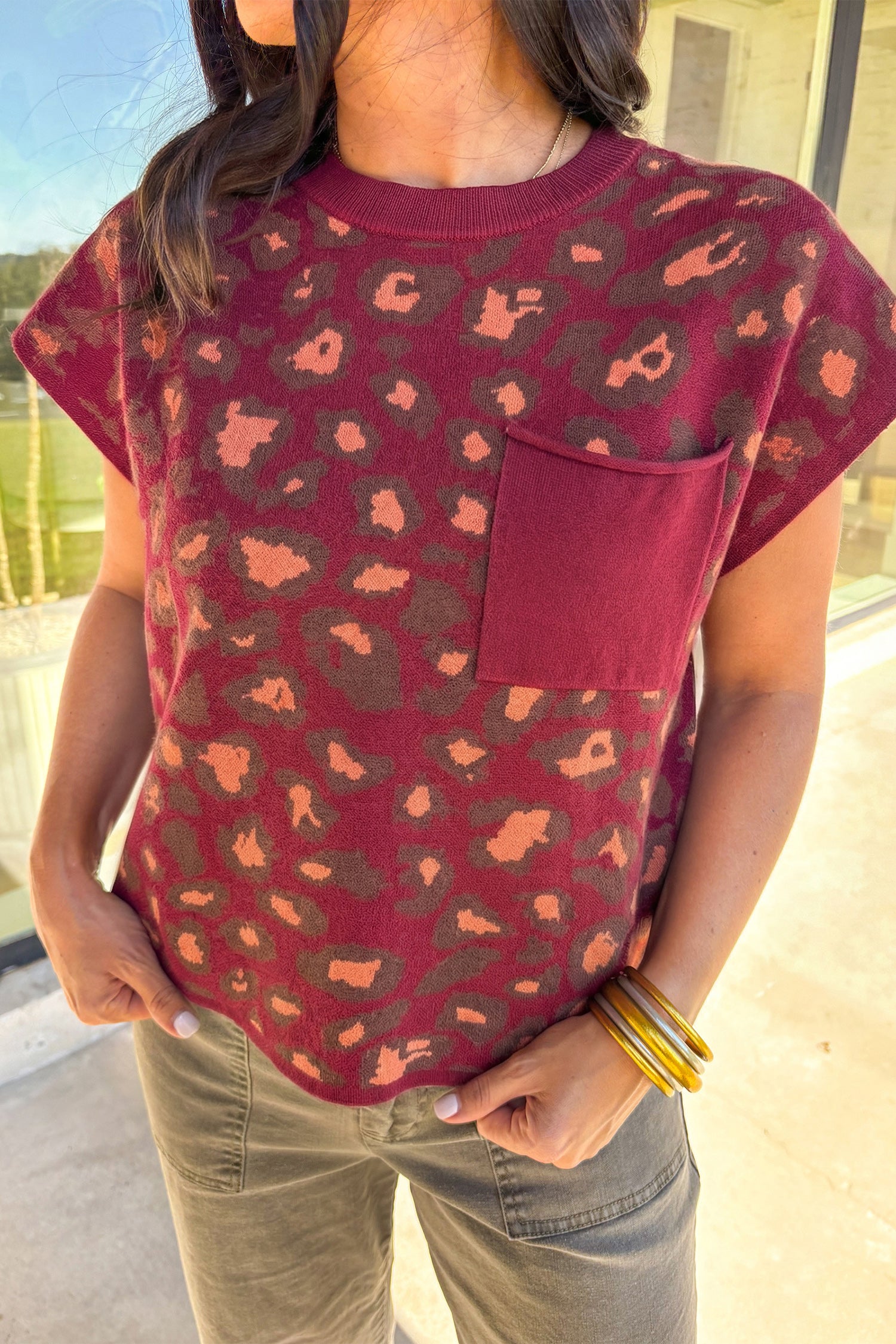 Haut femme léopard, en maille — rouge