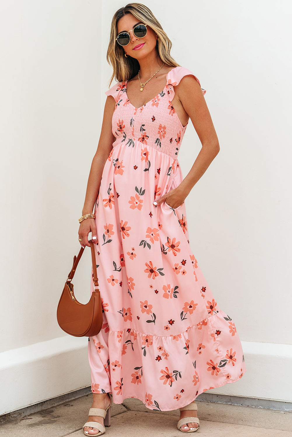 Robe femme floral, à volants, smocké, col V, taille haute — rose