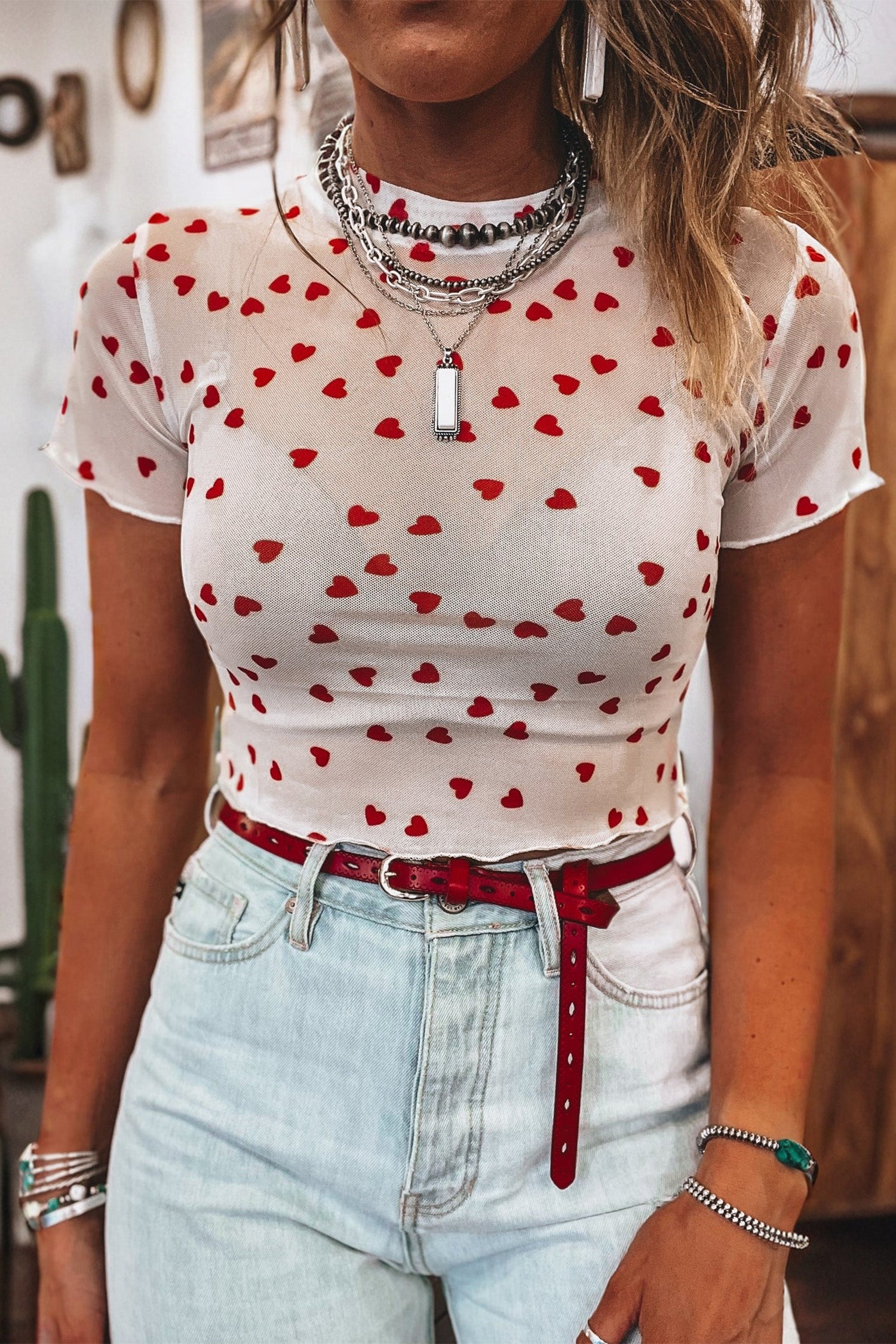 Haut femme transparent, manches courtes — rouge