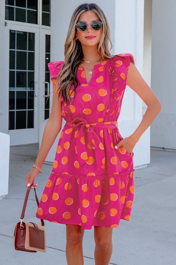 Robe femme pois, à volants, manches courtes, col V